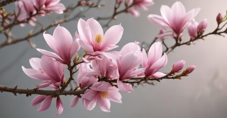 Obraz premium Delicate pink magnolia blossoms on a branch, spring bloom , tree branch, image