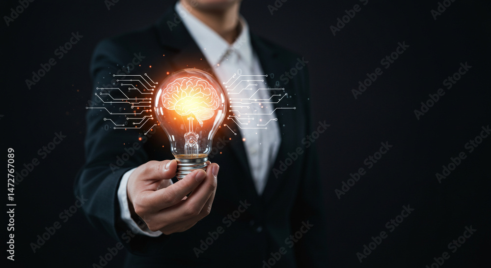 Poster a person in a suit holding a lightbulb with a brain inside and digital connections around it on dark