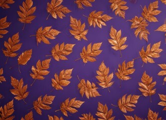 Rustic orange metallic leaf pattern on deep violet  Elegant, natural aesthetic , texture, purple backdrop