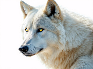 Obraz premium Majestic white wolf portrait with intense eyes, set against a snowy background.