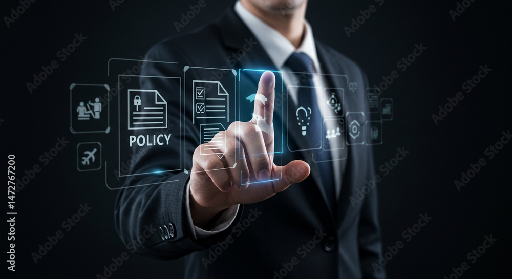 Poster a businessman interacting with a digital interface displaying policy and insurance related icons in 
