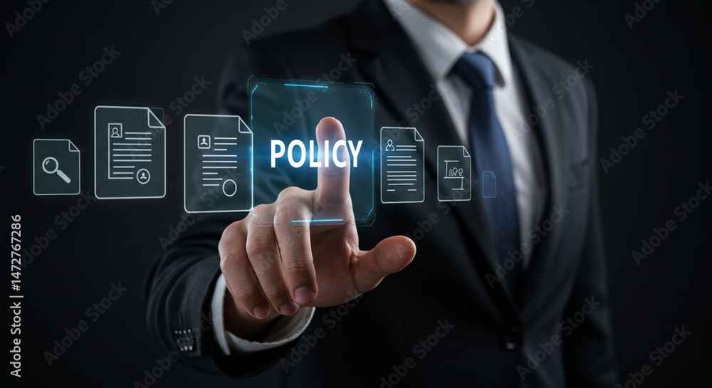 Aufkleber a person in a suit pointing at a digital display with the word policy and document icons shown aroun
