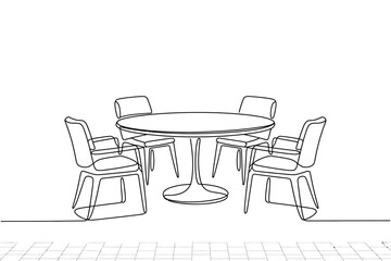 Continuous Line Drawing of Modern Round Table and Four Chairs on Tiled Floor