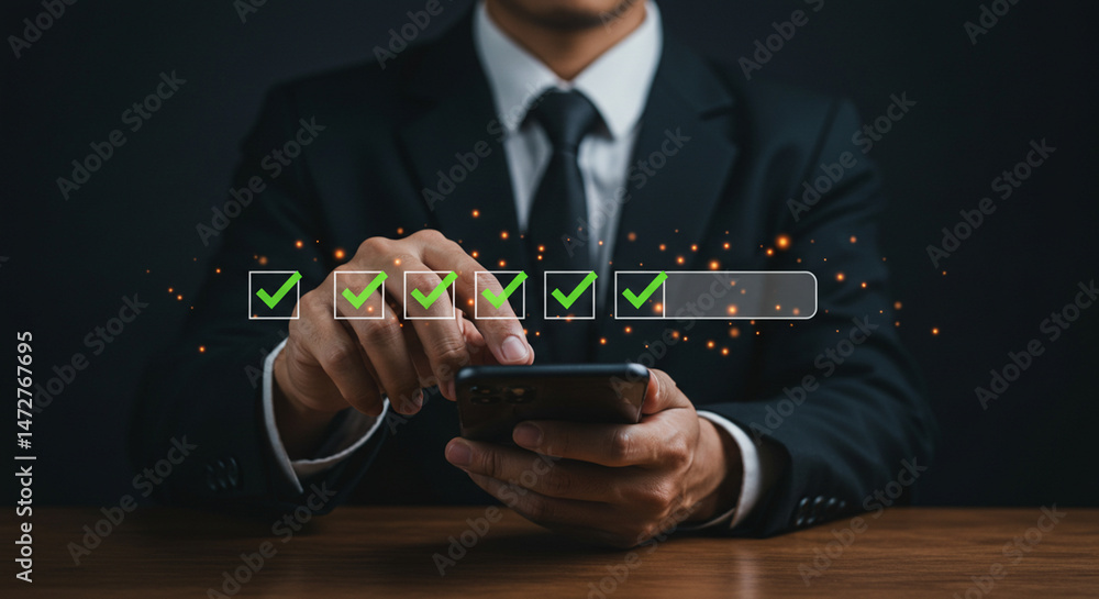 Poster a man in a suit using a smartphone with green checkmarks and boxes above his hands on a dark backgro