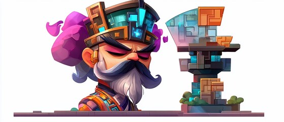 Cartoon guru with building