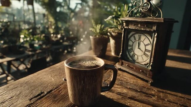 Steaming coffee cup on rustic wooden table