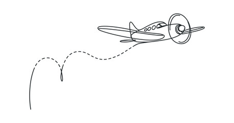 Single Line Drawing of a Propeller Airplane in Flight Leaving a Dotted Line Trail © MOHAMMAD