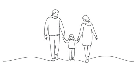 Continuous Line Drawing of a Happy Family Walking Together Holding Hands
