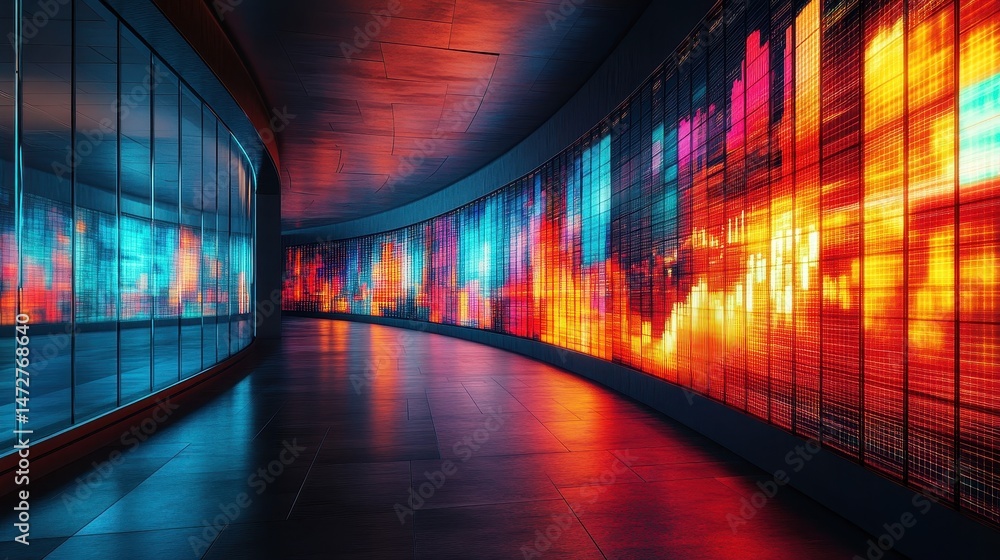 Poster colorful digital waveform display in a modern urban environment showcasing sound visualization and t