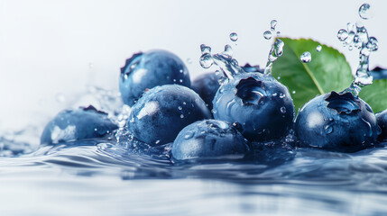 Juicy blueberries in clear water with splashes and green leaf. Fresh and vibrant fruit symbolizing health, hydration, and natural antioxidants on a clean background.