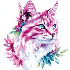 The face of a cat is ingeniously adorned with floral motifs, merging blossoms and foliage into its distinct characteristics