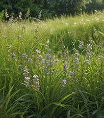 Obraz premium Close-up of flowering plants amidst lush June grass, ecology, plants, organic