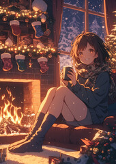 Cozy winter evening by fireplace