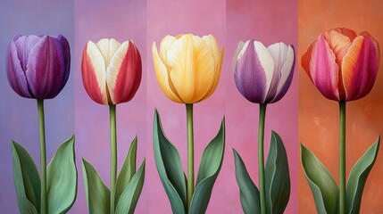 Obraz premium Colorful tulips with vibrant petals, each a unique blend of hues, stand against soft gradient backgrounds