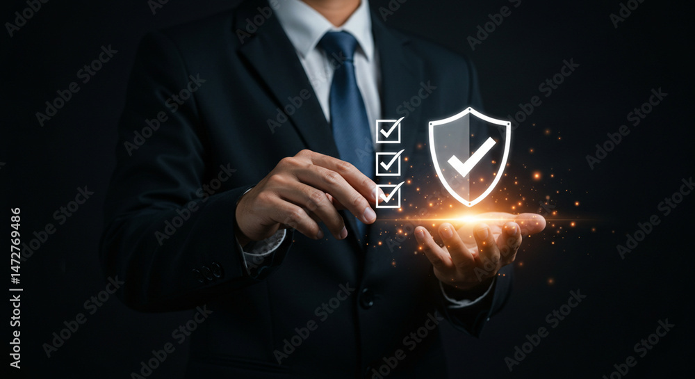 Aufkleber a businessman holding a shield with a checkmark and three check boxes in front of a dark background