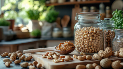 Creamy peanut butter in a spoon, beside raw peanuts and chickpeas in glass jars on a wooden board in a kitchen setting