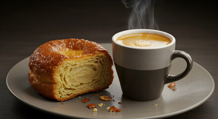 Steaming Coffee Mug With Brioche Bun On A Plate Near Dark Background