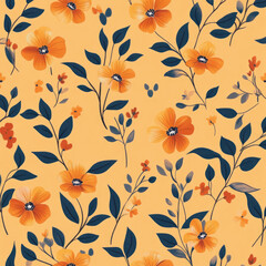 Mustard yellow background with orange flowers and dark-teal leaves in a repeating pattern