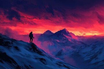 Fototapeta premium A lone hiker silhouetted against a vibrant red sunset in a snow-capped mountain range.