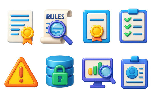 Regtech icons set – documents, rules, magnifier, certificate, checklist, warning, database, security. 3D icon set
