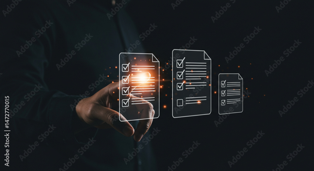 Poster a person interacting with digital checklist documents on a dark background with glowing light effect