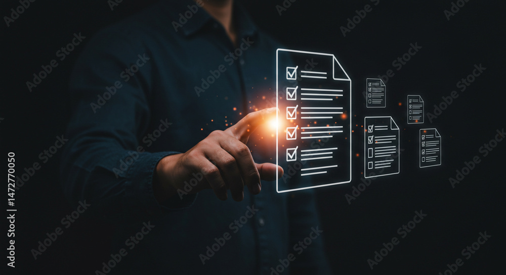 Poster a person interacting with digital checklist documents interface on a dark background with light effe