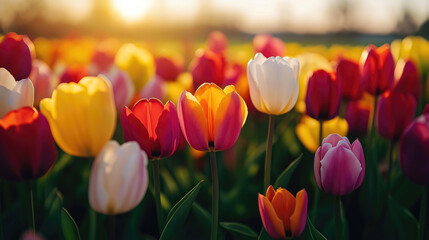 Vibrant tulips bathed in golden sunset light