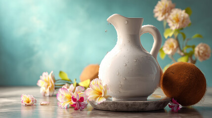 White pitcher with water droplets, rests on a marble base, surrounded by tropical flowers and coconuts on a textured surface