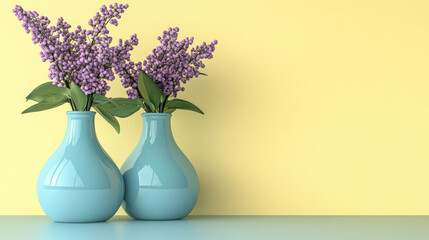 Two light blue vases hold vibrant purple lilac blossoms against a pale yellow wall