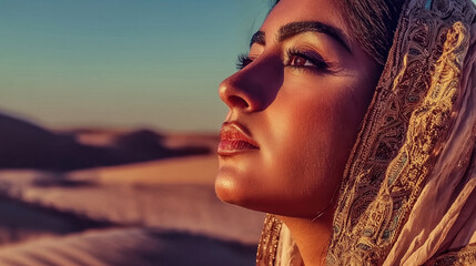 A woman gazes pensively into the desert sunset, veiled in flowing fabric