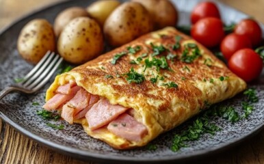 A neatly folded omelette filled with ham and cheese is garnished with herbs and paired with small tomatoes and potatoes