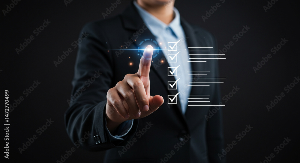 Aufkleber person in suit touching a digital checklist with glowing effect against a dark background image