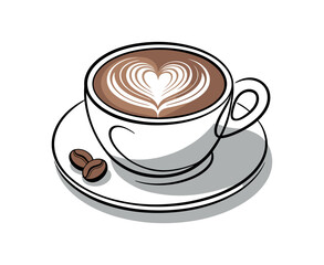 Aromatic Latte Coffee Cup with Heart Design and Coffee Beans on Saucer