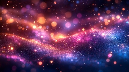 Fototapeta premium Shimmering cosmic flow of blurred bokeh and glittery particles in vibrant, dreamy hues