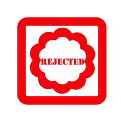 Red bold "REJECTED" text inside a red circle, further enclosed in a red square, all on a clean white background. Minimalist vector design for official or warning use.
