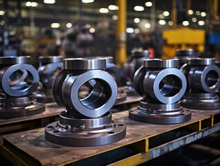 Precision-machined metal components, stacked on a pallet in a factory setting