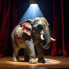 Obraz premium Decorated elephant on stage under spotlight with colorful patterns