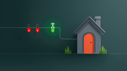 Smart home security system with power and wifi connection.  A house illustration is connected to a power source, displaying status indicators