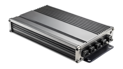 Studio Shot of a High Performance Car Audio Amplifier with Cooling Fins