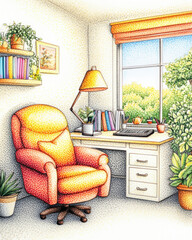 A sunlit home office with comfortable armchair, desk, books, plants, and window view