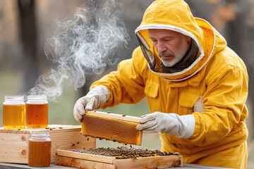 A beekeeper in protective gear carefully inspects a honeycomb frame, steam rising nearby, with jars of honey