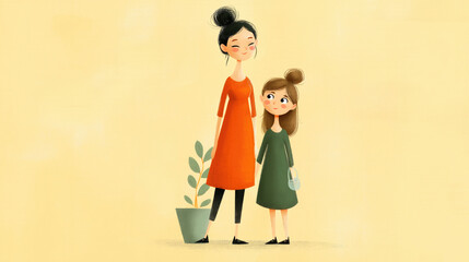 A mother and daughter stand together, the girl clutching a small purse. They are illustrated in a soft, whimsical style against a pale yellow background