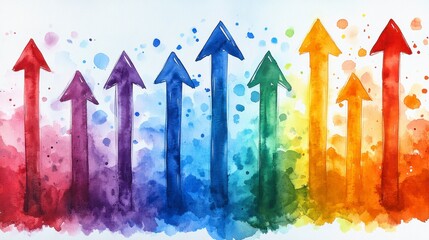 Obraz premium Upward arrows of varying colors, watercolor style, pointing to higher levels