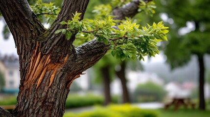Obraz premium Rough tree bark and spring leaves