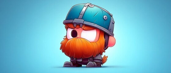Cartoon viking character with orange beard, helmet, on blue gradient