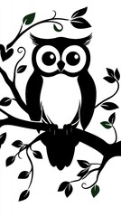 Obraz premium On a tree branch that swirls, an owl sits perched, its intricate design complemented by the vibrant green leaves that surround it
