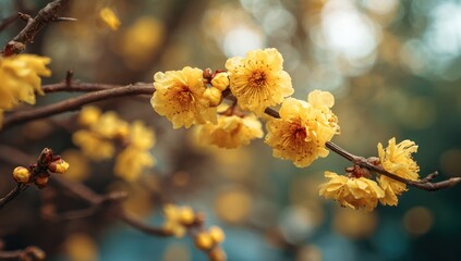 Yellow flowers bloom on a branch with a blurred background in nature.