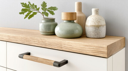 Light oak wood top dresser with minimalist handle and ceramic vases