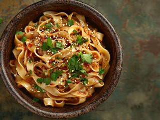 Sesame-coated noodles in a dark bowl, garnished with cilantro