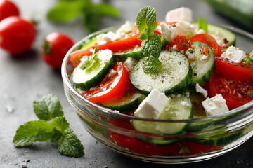 Colorful salad with feta, cucumbers, and tomatoes in glass bowl